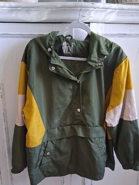 Unisex Olive Green Anorak Jacket with Mustard & Cream Colorblock